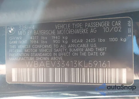 2003 BMW 325I from USA, damaged, VIN WBAEV33413KL59161